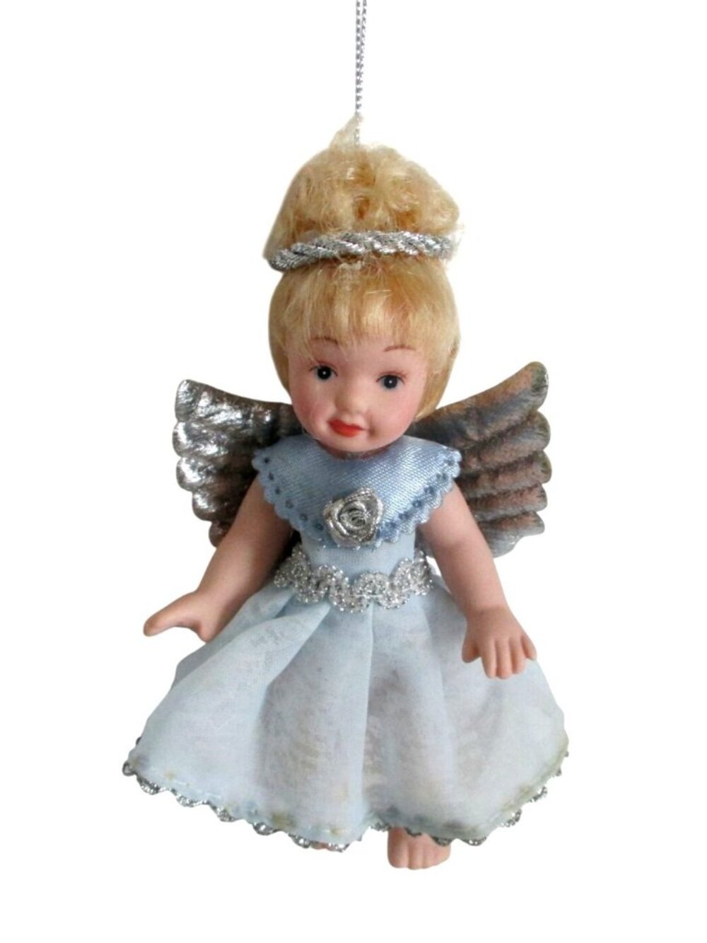 Vintage Angel Porcelain Doll Christmas Ornament Silver Wings Blue Dress 5" tall